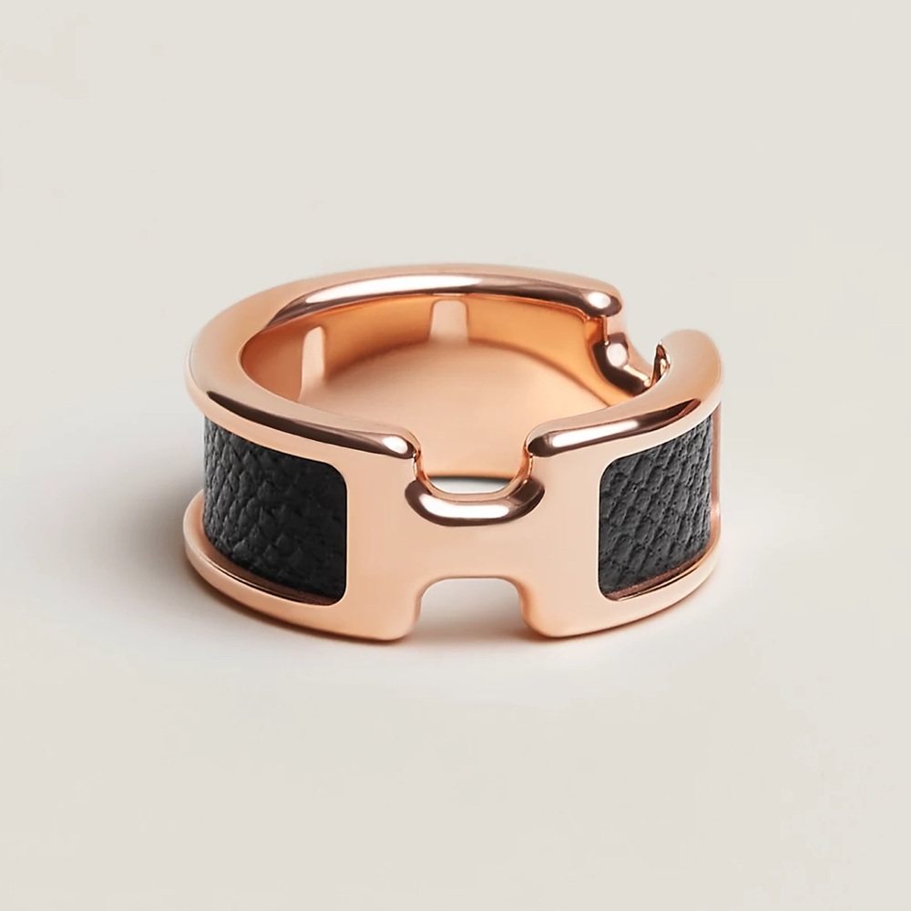 Hermes Olympe Ring Rose Gold Plated Black Calfskin Leather H Logo Jewelry